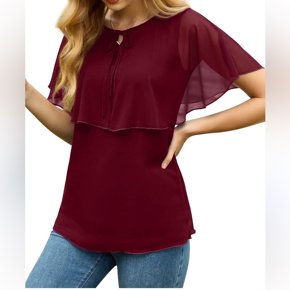 Qixing Women’s Loose Casual Short Sleeve Chiffon Top Blouse Shirt Size M